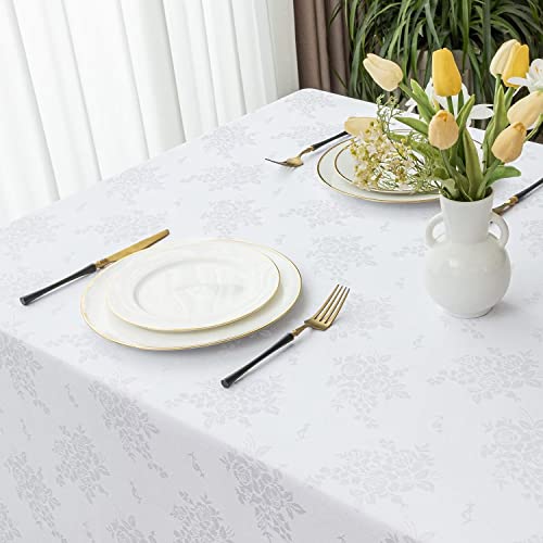 Romanstile Jacquard Rectangle Tablecloth, Waterproof Elegant Damask Rose Pattern Table Cloth, Washable Decorative Floral Polyester Table Cover For Kitchen/Dining/Parties - White, 60 X 84 Inch #TOP4