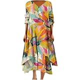 Vestidos largos de manga 3/4 para mujer, cuello en V, gráficos, ajuste holgado, asimétrico, vestidos de verano y otoño 2024, U-455 Naranja quemado, S