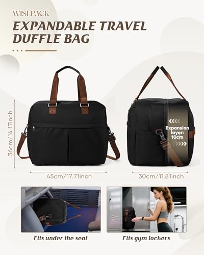 Image of Travel Duffle Bags for Women Men Expandable Personal Item Travel Bags Lightweight Weekender Overnight Carry on Bag for Airplanes Sport Gym Tote Ladies Beach Luggage Bag Black Brown