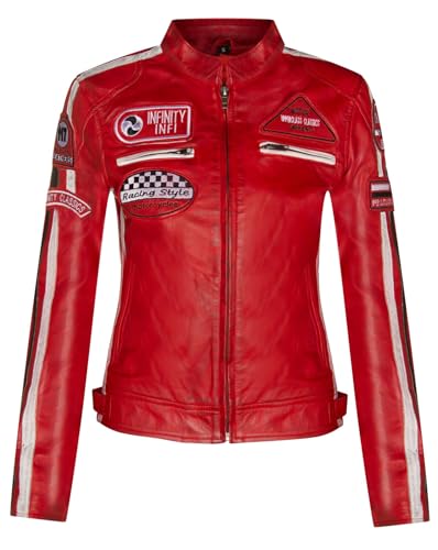 Infinity Leather Damen Rot Leder Biker Casual Racing Moto Abzeichen Jacke