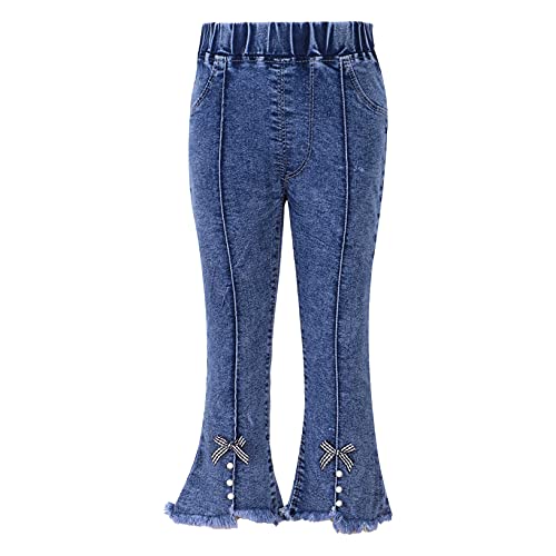 Kids Girls Casual Jeans Long Bell-Bottom Pants Denim Elasticity Waist Tassel Ripped Hem Ruffle Flare Pants