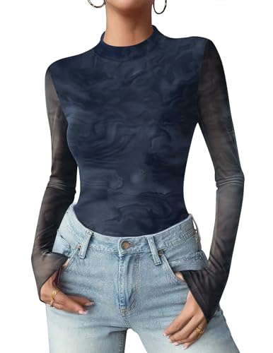 Zeagoo Ladies Mesh Sheer See Through Mockneck Top Long Sleeve Going Out Sexy Clubwear Tee Blouses 2025 Trendy L