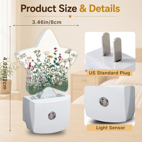 Image of Wildflowers Star Night Light Plug in, Decorative Night Light for Kids Room Nursery Bedroom, Soft Glow Sensor Lamp for Hallway Bathroom, Compact Energy Saving
