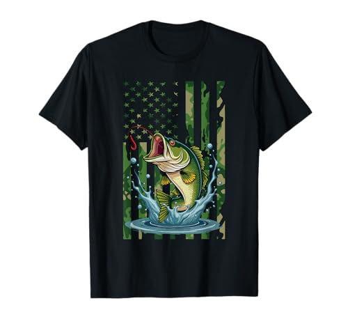 Pesca Retro Bandera Americana de Estados Unidos Bass Fish Fisherman Camo Bass Camiseta
