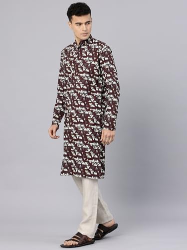 Image of Majestic Man Men's Regular Fit Ethnic Motifs Printed Pure Cotton Long Kurta with Mandarin Collar & Full Sleeves