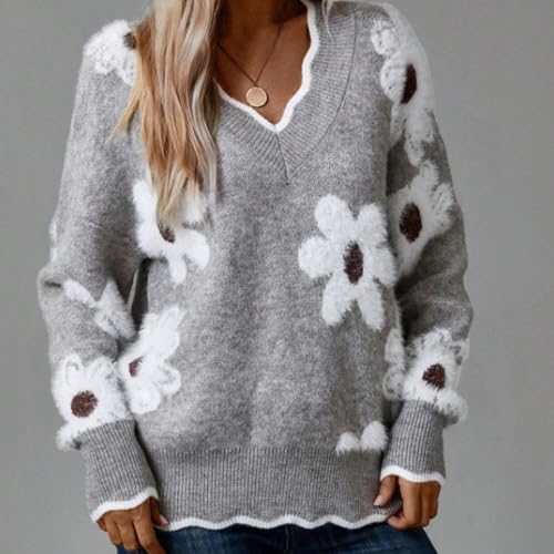 Scallop Trim Flower Sweater, 2025 New Women's Floral Pattern Scallop Trim Sweater, V Neck Loose Floral Sweaters for Women4