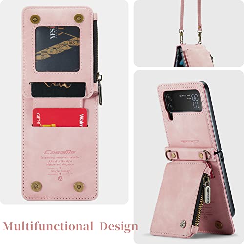 Wefor Samsung Galaxy Z Flip 4 (2022) Wallet Case With Strap Pu Leather Phone Case With Rfid Blocking Card Holder Wristlet Crossbody Metal Grip Holder Finger Stand Ring Cover (Pink) #TOP7
