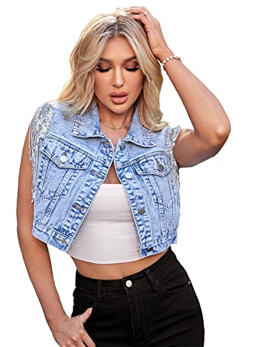 MakeMeChic Women's Fringe Jean Jacket Sequin Tassel Sleeveless Cropped Denim Jacket Light Wash M