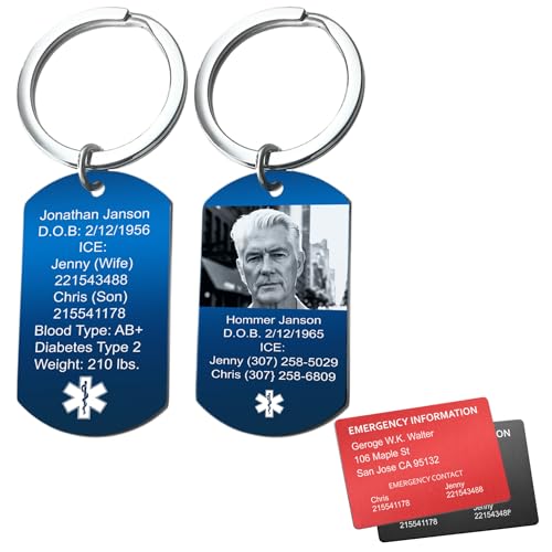 Qina C. Personalized Medical Emergency Alert Med Identification Id Engraved Custom Dog Tag Military Pendant Keychain for for Men Women Grandad Teen Allergy (Blue Tag : 2 Side Text Engraving)
