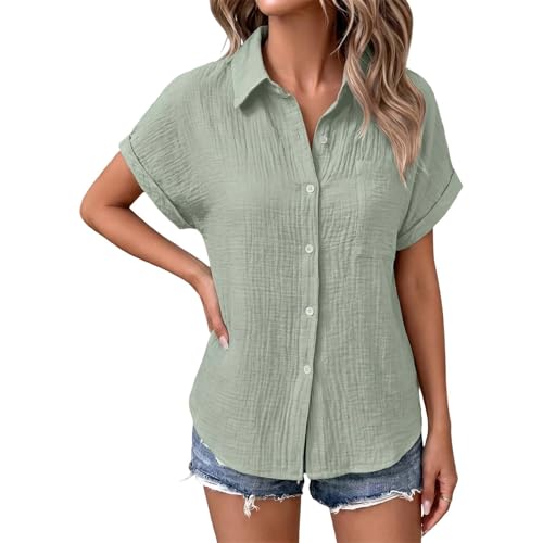 Lvnsdknerse Bluse Damen Kurzarm Musselin Bluse Damen Leinenbluse Sommer Leinen Shirt Hemd Sommerblusen Knopf Tunika Tops Casual Tshirts Oberteile Longbluse Hemdbluse Blusenshirt