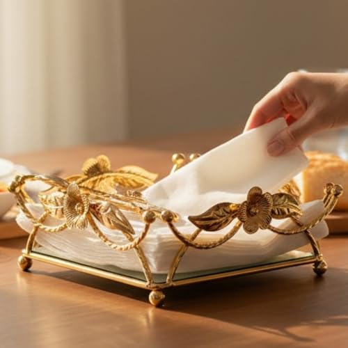 Image of Gold Floral Metal Napkin Holder with Mirror Base, Decorative Flower and Leaf Design, Elegant Table Decor