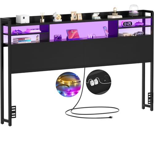 Aheaplus Headboard for King Size Bed with Storage, Headboards with LED Light, Power Outlets, USB...