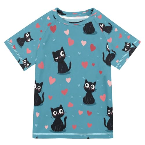 Boys Short Sleeve T-Shirts Cartoon Cat Heart Rashguard Kids Swim Shirts Sun UPF 50+