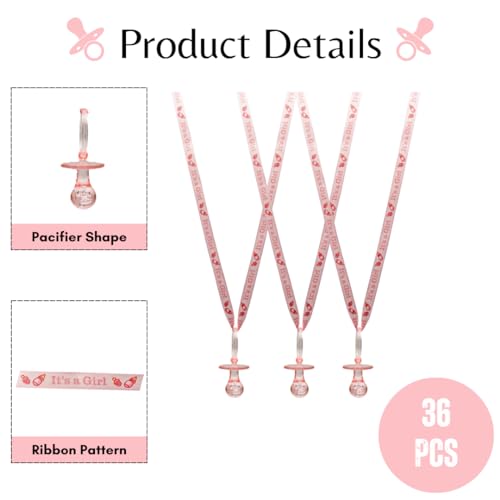 Image of 36 Pieces It's a Girl Baby Shower Pacifiers Necklace Acrylic Baby Party Favors Charm Pacifiers Necklace Baby Shower Party Decorations Table Scatter (Pink)