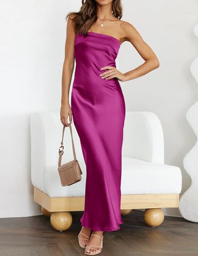 Image of MEROKEETY Women's Summer Satin Strapless Bodycon Dress 2026 Backless Tube Wedding Guest Cocktail Formal Party Maxi Dresses