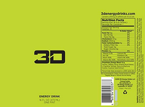 3D Energy Drink | Caffeine, Zero Sugar, Taurine, Panax Ginseng, Inositol, Guarana Seed, L-Carnitine Tartrate, 16 Fluid Ounce | 12 Pack (Green) #TOP3