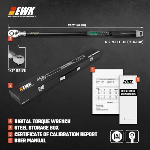 Image of EWK 1 /2 inch Drive Digital Angle Torque Wrench 12.5-250 ft-lbs (17-340 Nm) | ISO 6789, ±1.5% clockwise / ±2.5% counterclockwise / ±2% Angle, LCD Display, LED Buzzer Vibration Alert, 30 Memory Values