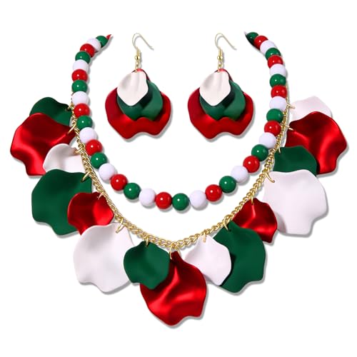 Christmas Jewelry Set Flower Petal Necklace for Women beaded Necklace Earrings Red Green White Earrings Set Rose Petal Pendant Necklace Santa Xmas Party GiftRed Green White)
