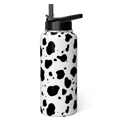 Cow Print Water Bottle with Straw Lid 32oz Vacuum Insulated Sports Water Bottles Cow Gifts for Women Men Cow Print Stuff Accessories Stainless Steel Thermoses Travel Mug