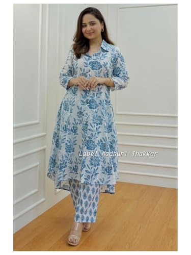 Image of DHRUVI TRENDZ Anarkali Kurta-Set for Women - Viscose Rayon Printed Kurta & Straight Pant | Festive Ethnic Indian Traditional Outfit for Functions & Puja | Lightweight Two Piece Dress for Daily Wear & Holiday Look | 3 /4 Sleeve