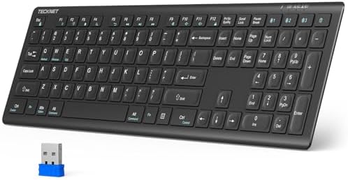 TECKNET Bluetooth Keyboard Rechargeable, 4-Device (2.4G+BT) Wireless Keyboard, Full Size Computer Keyboard with Stand, Ultra-Slim Quiet Typing, for PC/Laptop/Smart TV/Phone/Tablet, 12 Hotkeys TECKNET Bluetooth Keyboard Rechargeable, 4-Device (2.4G+BT) Wireless Keyboard, Full Size Computer Keyboard with Stand, Ultra-Slim Quiet Typing, for PC/Laptop/Smart TV/Phone/Tablet, 12 Hotkeys