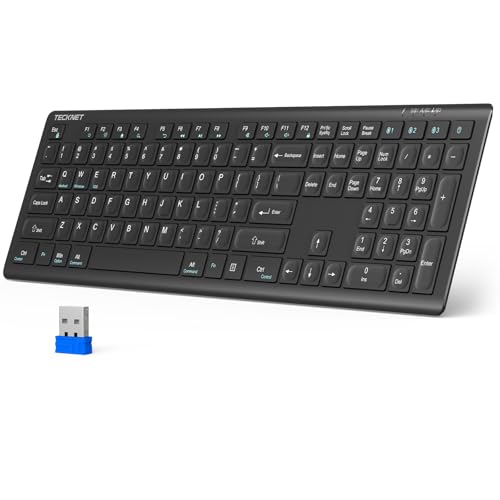TECKNET Bluetooth Keyboard Rechargeable, 4-Device (2.4G+BT) Wireless Keyboard, Full Size Computer Keyboard with Stand, Ultra-Slim Quiet Typing, for PC/Laptop/Smart TV/Phone/Tablet, 12 Hotkeys