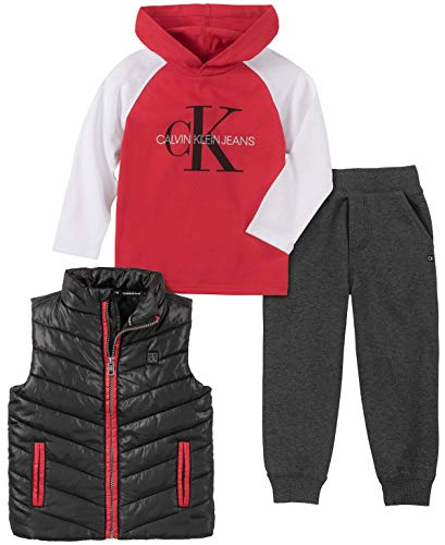 Calvin Klein Baby Boys 3 Pieces Puffy Vest Set, Black/Red, 3-6 Months