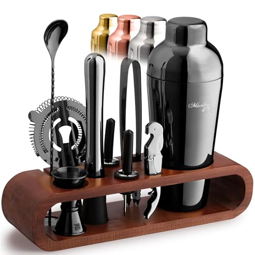 Mixology & Craft Cocktail Shaker Set with Dark Bamboo Stand - Professional 10-Piece Bartender Kit - Complete Bar Set & Cocktail Mixer Kit for Home (Gun Metal)