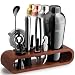 Mixology Bartender Kit: 10-Piece Black Bar Set Cocktail Shaker Set with Stylish Mahogany Stand | Perfect Home Bartending Kit with Gun Metal Bar Tools and Martini Shaker for Foolproof Drink Mixing