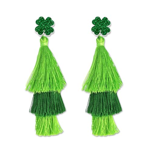 CharmBurst St. Patrick's Day Earrings, Green Clover Earrings with Layered Tassel Design, Irish Festival Earrings for St. Patrick's Day Costume