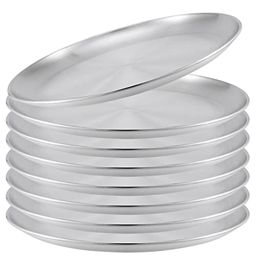 SINJEUN 8 PCS 26 cm Stainless Steel Dinner Plates, 10 Inch Unbreakable Metal Plates, Brushed Metal Serving Dishes for Camping, Eating, BBQ, Steak, Salad, Silver