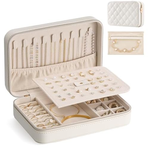 Lolalet Travel Jewelry Case for Women Girls, PU Leather Jewelry Organizer with Clear Storage Bag Small Portable Jewelry Box for Necklace Bracelet Earring Ring Mothers Day Birthday Gifts -Lar