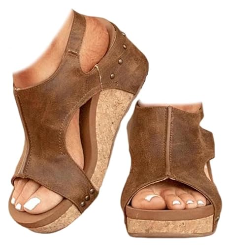 Barley Direct Women's Leather Wedge Orthopedic Sandals,Wide Width Platform Wedge Sandals,Women's Open Toe Buckle Ankle Strap Summer Platform Wed Ge Sandal S(7Uk-41)