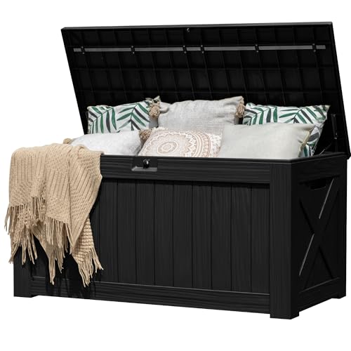 GUNJI 120 Gallon Deck Box Resin Indoor Outdoor Waterproof Storage Box Plus Large Lockable Storage Container for Patio Furniture, Garden Tools and Pool Supplies (Black)