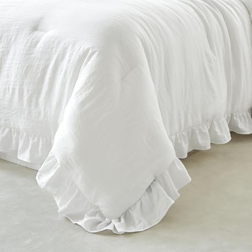 Image of Pure White Ruffle Comforter Set Queen, Pre-Washed Shabby Chic Bedding Set, Lightweight Cottagecore Soft Romantic Cozy 1 Comforter & 2 Shams, All-Season