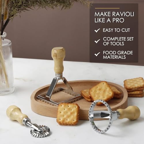 Image of HASTHIP Ravioli Stamp Maker Cutter with Roller Wheel (Set of 3), Wooden Handle and Fluted Edge, for Ravioli, Pasta, Dumplings Lasagna, Pierogis