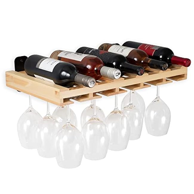 Rustic State Palomino Wall Mounted Wood Floating Wine Liquor Bottle Rack with Glassware Holder Stemware Shelf Storage Organizer - Home, Kitchen, Dining Room Bar D¨¦cor - Natural