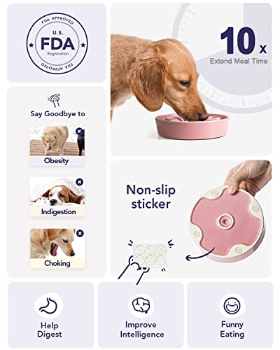 LE TAUCI Hundenapf aus Keramik, Antischlingnapf für Mittelgroße und Kleine Hunde, Langsam Fressen und Spaß für den Hund, Fressnapf mit Rutschfestem Design (Bloom Rosa, S-350 ml)