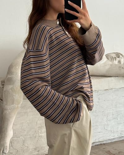Oversized Striped Sweater for Women Collared Long Sleeve Preppy Polo Sweater Vintage Aesthetic Knitted Rugby Shirts2