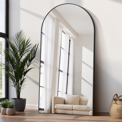 COFENY Espejo de Pie Cuerpo Entero Curvado 206 x 104 cm, Espejos Grandes de Pared con Marco de Aluminio, Espejo de Pie Inclinado o Colgante para Salón, Dormitorio, Entrada, Negro