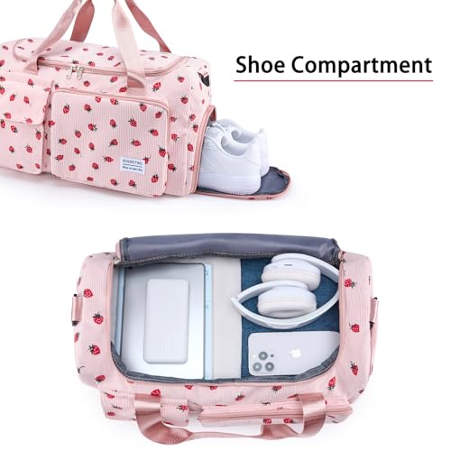 Image of BEULPTN Small Gym Bag For Women, Travel Duffle Bag Carry On Weekender Bag With Shoe Compartment, Strawberry#Pink, 28x50x21cm /11*19.6*8.2 Inch