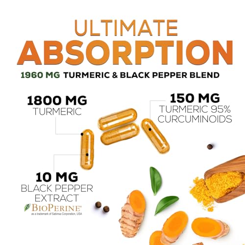 Turmeric Curcumin Max Potency 95% Curcuminoids 1950mg with Bioperine Black Pepper for Absorption, Made in USA, Anti-Inflammatory Joint Relief, Turmeric Pills by Natures Nutrition - 120 Capsules