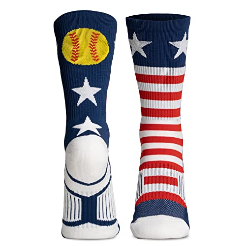 ChalkTalkSPORTS Softball Performance Crew Socks - USA Patriotic - Youth & Adult - Red White & Blue - Softball Mid-Calf Socks