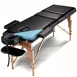Portable Massage Table Massage Bed Professional SPA Reiki Eyelash Salon Bed, Wooden Frame Height Adjustment & Accessories, Black (3-Section)