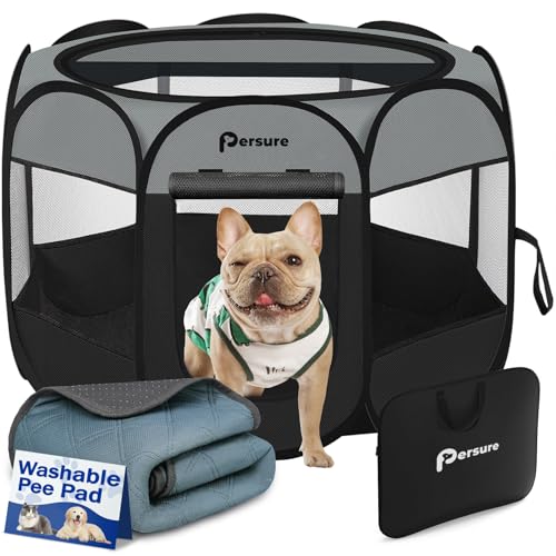 Image of Dog Cat Playpen Indoor Outdoor for Puppy Pet Dog Cat Recovery After Surgery | Dog Tent Crates Cage Indoor /Outdoor, Portable Pop Up Kennel with Carrying Case for Travel (Dark Grey with Pad, Small)