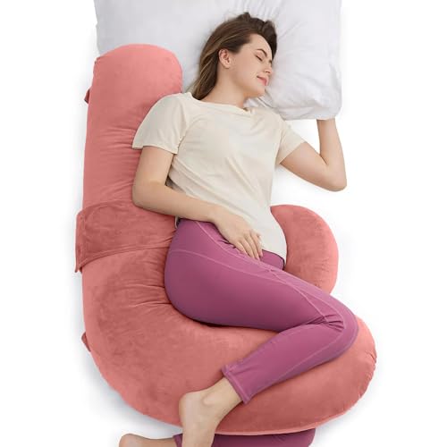 Image of J-Shaped Sleeping Pregnancy Pillow| Removable Velvet Covers| PregnoCare Fibres| Baby Shower Gift, Maternity, Nursing| Full Body Soft-Support Bump, Head, Back, Shoulder, Hips, Legs and Belly(Rose Gold)