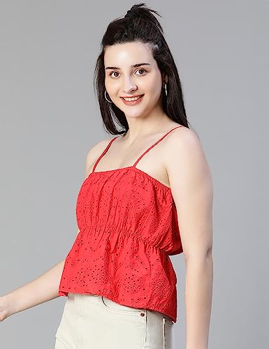 Image of oxolloxo Women Schiffli Elsaticated Shoulder Strap Cotton Top
