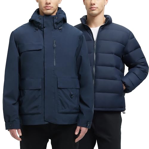 YGREYG Men's 3 in 1 Waterproof Winter Jackets Ski Warm Snow Rain Coat Puffer Liner Hood Windbreaker Navy Blue L