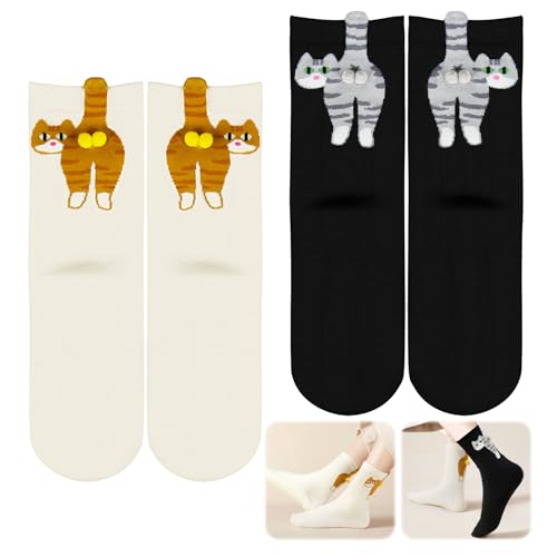 Crewell 2 pares de calcetines lindos para gatos con bolas, calcetines divertidos para mujer, calcetines divertidos de algodón, regalos para mujeres, amantes de perros y gatos