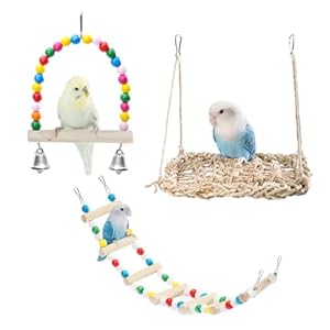 3 Pcs Bird Toys, Parrot Toys, Bird Ladder, Swing, Perch, Rest Platform, Hammock, Exercise Toys, Stress-Relief, Hanging on Cage, Bird Cage Accessories, for Budgies, Cockatiels and Other Pet Birds